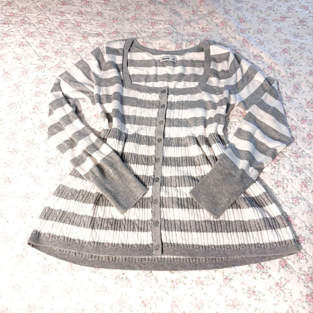 Hollister Gray and White Striped Button-Front Cardigan
